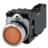 Illuminated pushbutton, 22 mm, round, metal, shiny, amber, pushbutton, flat, momentary contact type, with holder, 1 NO+1 NC, LED module with  3SU1156-0AB00-1FA0-Z Y15