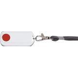 Wireless mini handheld transmitter, waterproof, without battery or wire, grey carry strap, casing pure white glossy, button red