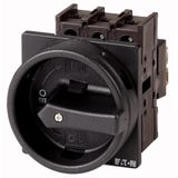 Main switch, P1, 25 A, flush mounting, 3 pole, 2 N/O, 2 N/C, STOP function, With black rotary handle and locking ring