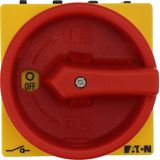 On-Off switch, P1, 40 A, flush mounting, 3 pole, Emergency switching off function, With red rotary handle and yellow locking ring, Lockable in the 0 (