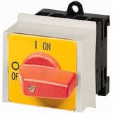 On-Off switch, P1, 25 A, service distribution board mounting, 3 pole, Emergency switching off function, with red thumb grip and yellow front plate