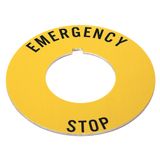 Legend Plate, Yellow IEC Ring, Red Text, "EMERGENCY STOP"