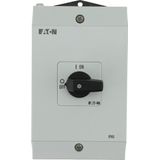 On-Off switch, P1, 40 A, surface mounting, 3 pole, with black thumb grip and front plate, hard knockout version