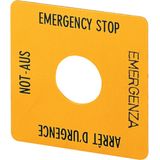 Emergency-Stop label, Yellow, black lettering, square 50 x 50 mm, de, en, fr, it, Front dimensions 25 × 25 mm