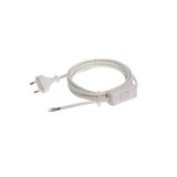 '2 pole euro cord with switch,  3,0m H03VVH2-F 2x0,75 white' 1st site: Euro plug 2nd site: 30mm stripped sheath with crimped metal sleeves on conductor ends in polybag with label