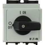 On-Off switch, P1, 40 A, service distribution board mounting, 3 pole, with black thumb grip and front plate