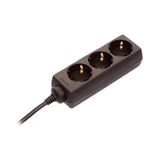 '3 way socket outlet black, 1,4m H05VV-F 3G1,5 with children protection' in polybag with label