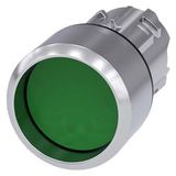 Pushbutton, 22 mm, round, metal, shiny, green, Front ring, high, momentary contact type, with laser labeling, inscription or symbol Customer-specific selection with SIRIUS