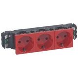 Socket Mosaic - 3 x 2P+E - for installation on trunking - automatic term - red
