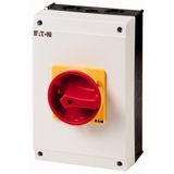 Main switch, P3, 63 A, surface mounting, 3 pole + N, Emergency switching off function, With red rotary handle and yellow locking ring, Lockable in the