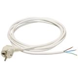 2P+E Cords 10m H05VV-F 3G1,5 white1st site: angled 2P+E plug2nd site: 30mm stripped sheath with crimped metal sleeves on conductor endspacked in polybag with label