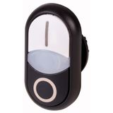 Double actuator pushbutton, RMQ-Titan, Actuators and indicator lights non-flush, momentary, White lens, white, black, inscribed, Bezel: black