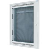 Flush mounting/hollow wall structured wiring enclosure with transparent panel, complete, white, 4-row type with mounting plate, 100 mm mounting depth