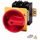 Main switch, P3, 30 A, rear mounting, 3 pole, With red rotary handle and yellow locking ring, Lockable in the 0 (Off) position, UL/CSA