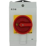 Main switch, P1, 40 A, surface mounting, 3 pole, 1 N/O, 1 N/C, Emergency switching off function, Lockable in the 0 (Off) position, hard knockout versi