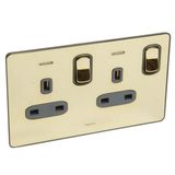 Synergy Sleek 2 gang switched single pole BS socket outlet 13A + blue led power indicator Glossy gold