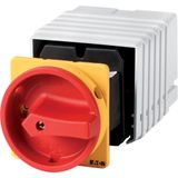 Main switch, T5, 100 A, rear mounting, 6 contact unit(s), 12-pole, Emergency switching off function, With red rotary handle and yellow locking ring