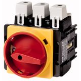 Main switch, P5, 250 A, flush mounting, 3 pole, 1 N/O, Emergency switching off function, With red rotary handle and yellow locking ring, Lockable in t