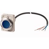 Illuminated pushbutton actuator, Flat, maintained, 1 N/O, Cable (black) with non-terminated end, 4 pole, 3.5 m, LED Blue, Blue, Blank, 24 V AC/DC, Met