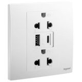 281204MW Mallia Senses 1 gang EURO/US socket outlet - 16A - 2 x 2 Poles + Earth - with 3000mA A and C types USB chargers -white