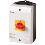 On-Off switch, P1, 32 A, surface mounting, 3 pole, Emergency switching off function, with red thumb grip and yellow front plate, UL/CSA