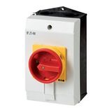 Safety switch, P1, 32 A, 3 pole, Emergency switching off function, With red rotary handle and yellow locking ring, Lockable in position 0 with cover i