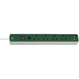 Ecolor FB Extension Lead With USB-Charger and Safety Fuse Reset Button 13A SASO 4-way 2xUSB 3m H05VV-F 3G1.5 white/green *GB*