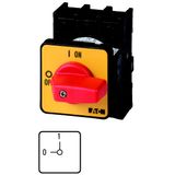 On-Off switch, P1, 25 A, flush mounting, 3 pole, Emergency switching off function, with red thumb grip and yellow front plate