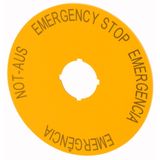 Label, emergency switching off, yellow, D=90mm, 4 languages, DE, EN, ES, PT