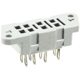 Socket for relays: R2M. Solder terminals. Dimensions 40,5 x 14 x 10,5 mm. Two poles. Rated load 5 A, 250 V AC