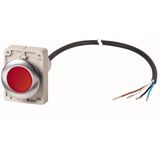 Illuminated pushbutton actuator, Flat, momentary, 1 NC, Cable (black) with non-terminated end, 4 pole, 3.5 m, LED Red, red, Blank, 24 V AC/DC, Metal b
