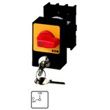 Panic switches, P1, 25 A, flush mounting, 3 pole, with red thumb grip and yellow front plate, Cylinder lock SVA