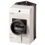 Main switch, P1, 32 A, surface mounting, 3 pole, 1 N/O, 1 N/C, STOP function, With black rotary handle and locking ring, UL/CSA