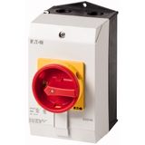 Main switch, T3, 32 A, surface mounting, 4 contact unit(s), 8-pole, Emergency switching off function, With red rotary handle and yellow locking ring,