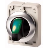 Illuminated selector switch actuator, RMQ-Titan, with thumb-grip, maintained, 2 positions (V position), green, Front ring stainless steel