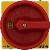 Main switch, P1, 40 A, flush mounting, 3 pole, Emergency switching off function, With red rotary handle and yellow locking ring, Lockable in the 0 (Of