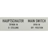 Clamp with label, For use with T5, T5B, P3, 88 x 27 mm, Inscribed with standard text zOnly open main switch when in 0 positionz, Language German/Engli