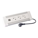 Desk unit with 3m cord and 2P+E plug equipped with 3 2P+E Surface sockets and 1 USB Type-A+Type-C 3A 15W socket