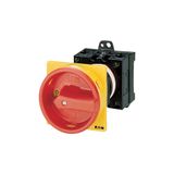 Main switch, T3, 32 A, rear mounting, 4 contact unit(s), 7-pole, Emergency switching off function, With red rotary handle and yellow locking ring