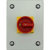 Main switch, P1, 40 A, surface mounting, 3 pole + N, Emergency switching off function, With red rotary handle and yellow locking ring, Lockable in the