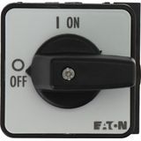 On-Off switch, P1, 40 A, rear mounting, 3 pole, 1 N/O, 1 N/C, with black thumb grip and front plate