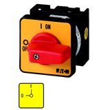 On-Off switch, T0, 20 A, flush mounting, 4 contact unit(s), 8-pole, Emergency switching off function, with red thumb grip and yellow front plate