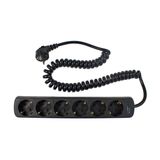'6 way socket outlet black, 4m H05VV-F 3G1,5  with 2,5spiral cable'