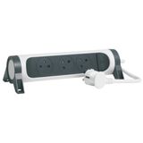 Multiple socket extension with rotating block of 3 2P+E Surface sockets, switch and cord length 1.5m - white and dark gray