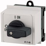 On-Off switch, P1, 25 A, service distribution board mounting, 3 pole, with black thumb grip and front plate