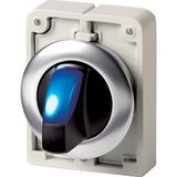 Illuminated selector switch actuator, RMQ-Titan, with thumb-grip, momentary, 3 positions, Blue, Front ring stainless steel