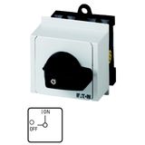 On-Off switch, T0, 20 A, service distribution board mounting, 3 contact unit(s), 3 pole, 2 N/O, 1 N/C, with black thumb grip and front plate
