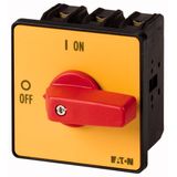 On-Off switch, P3, 63 A, flush mounting, 3 pole + N, Emergency switching off function, with red thumb grip and yellow front plate