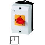 On-Off switch, T0, 20 A, surface mounting, 1 contact unit(s), 1 pole, Emergency switching off function, with red thumb grip and yellow front plate