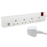 Multi Extension Sockets British Standard 4X2P+E 1 switch double pole 2XUSB type A BS plug 5M cord white/grey